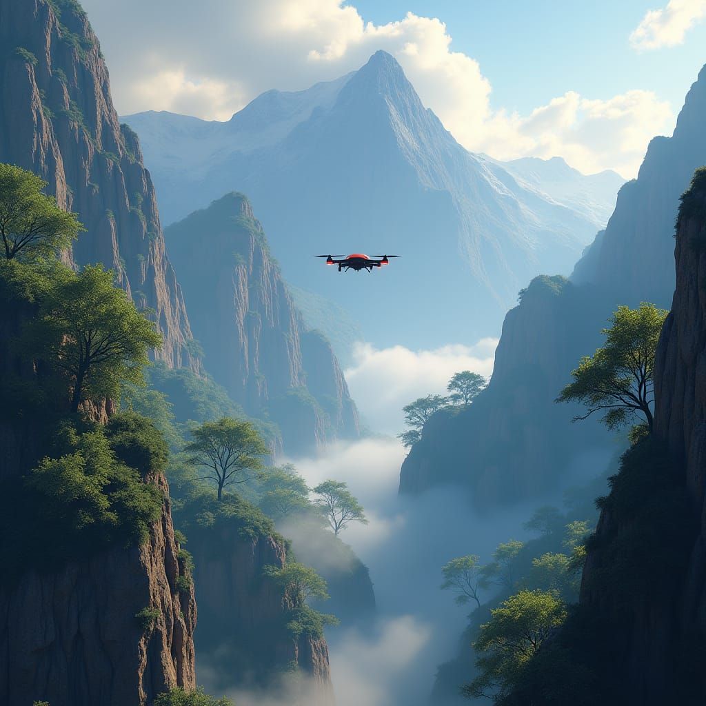 Drone Soaring Through Mist-Shrouded Mountains