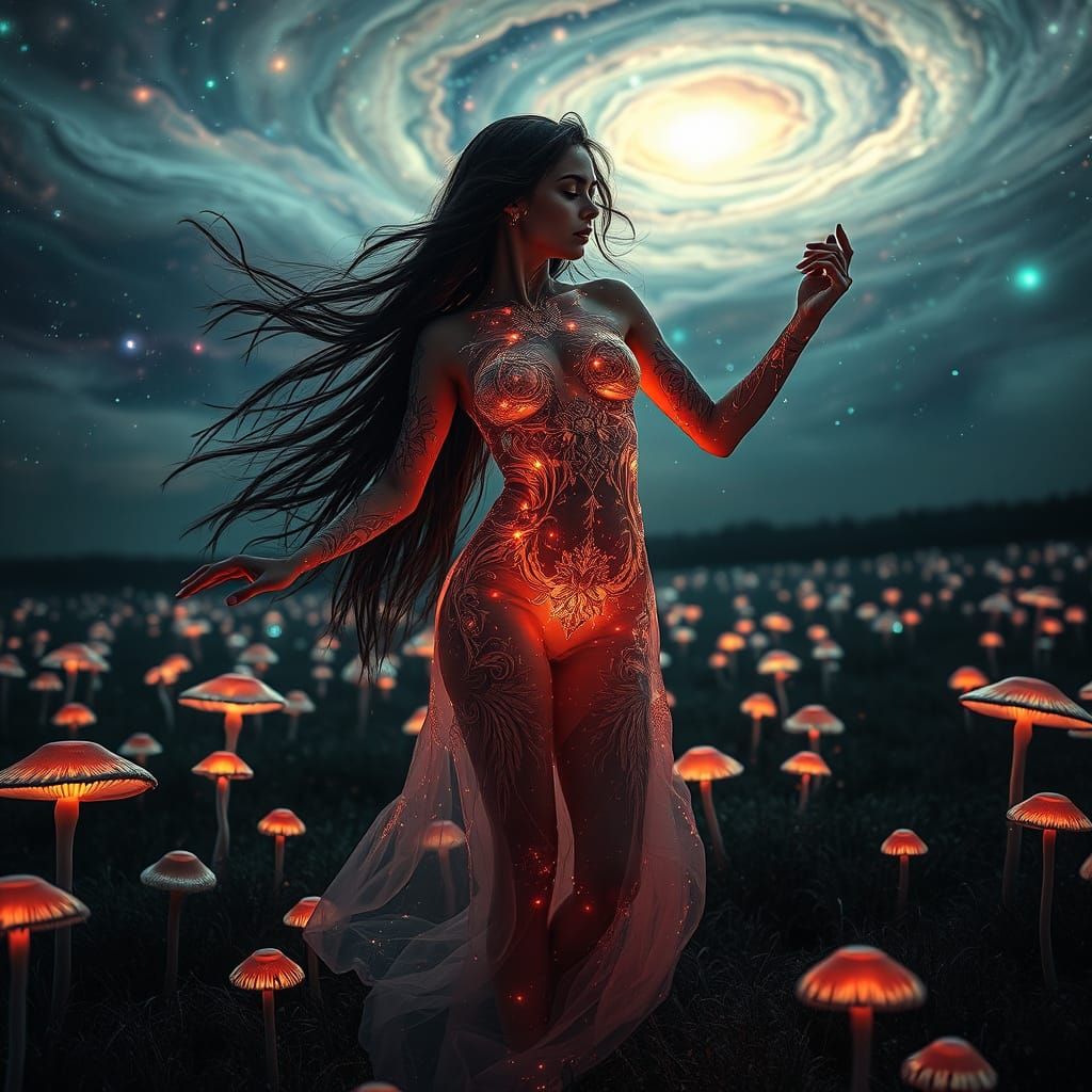 Ethereal Woman Dancing Among Psychedelic Mushrooms