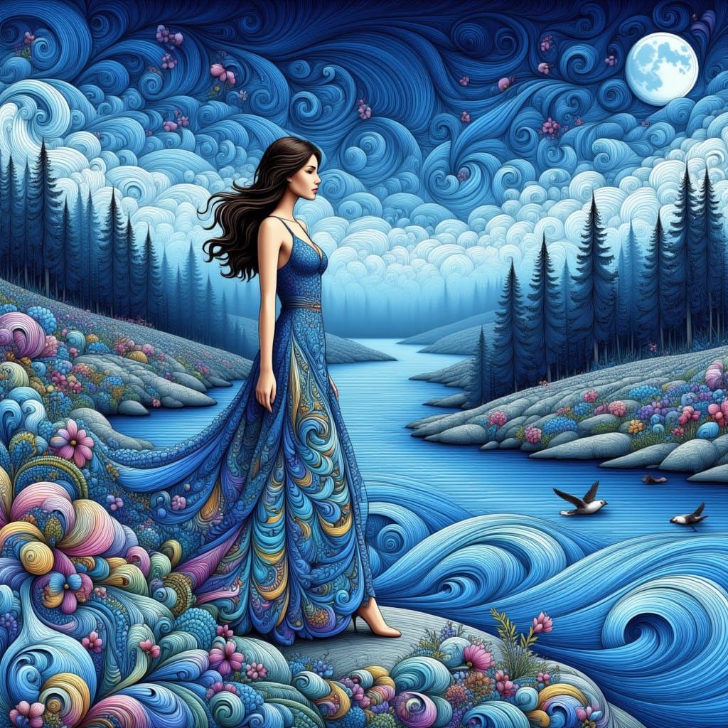 Woman in Pastel Dress by Moonlit River