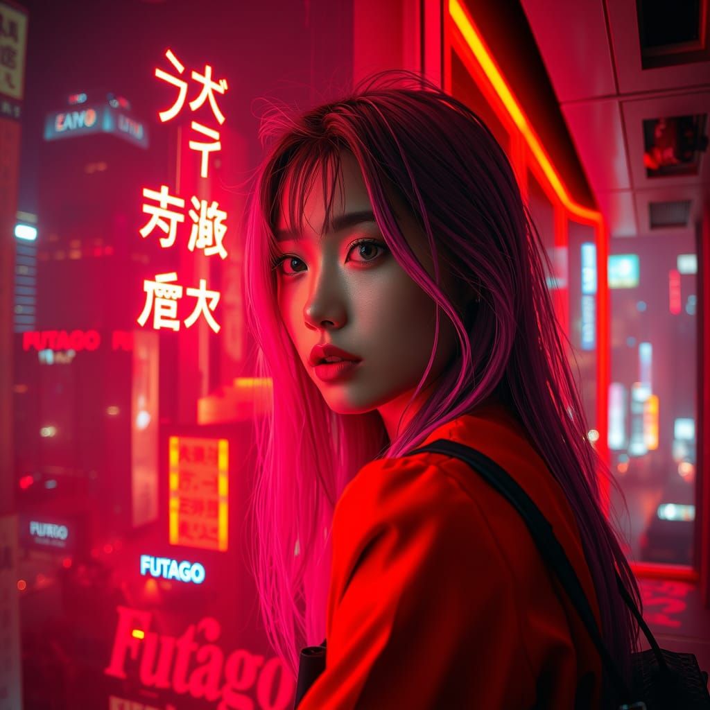 Cyberpunk Woman in Neon Cityscape