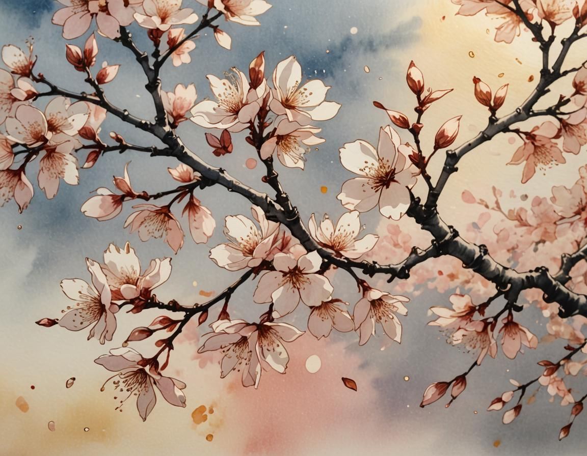 Cherry Blossoms Drifting in Peach Sky: Watercolor