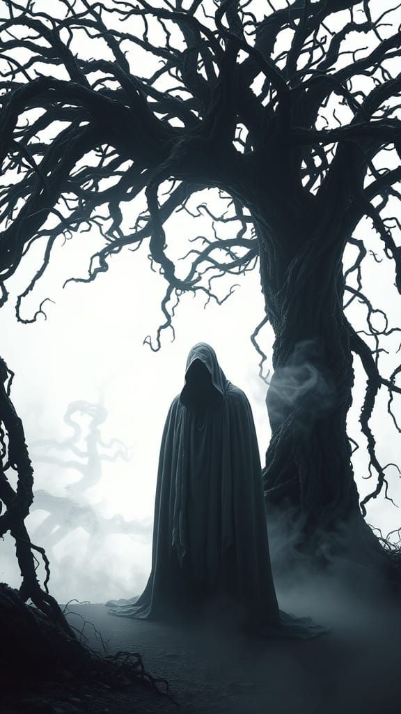 Surreal Digital Painting of Shrouded Figure in Twisted Vine....