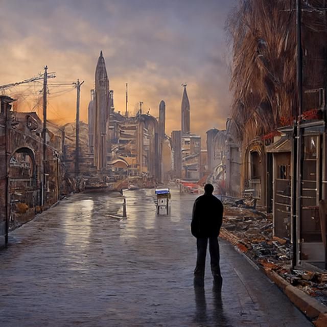 Dystopian Cityscape with Lone Figure, Destruction