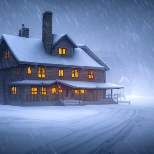Winter Cottage in Snowstorm: Fantasy Concept Art