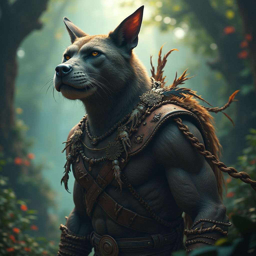 Cat-Dog Hybrid Gorilla Steed in Dreamlike Jungle