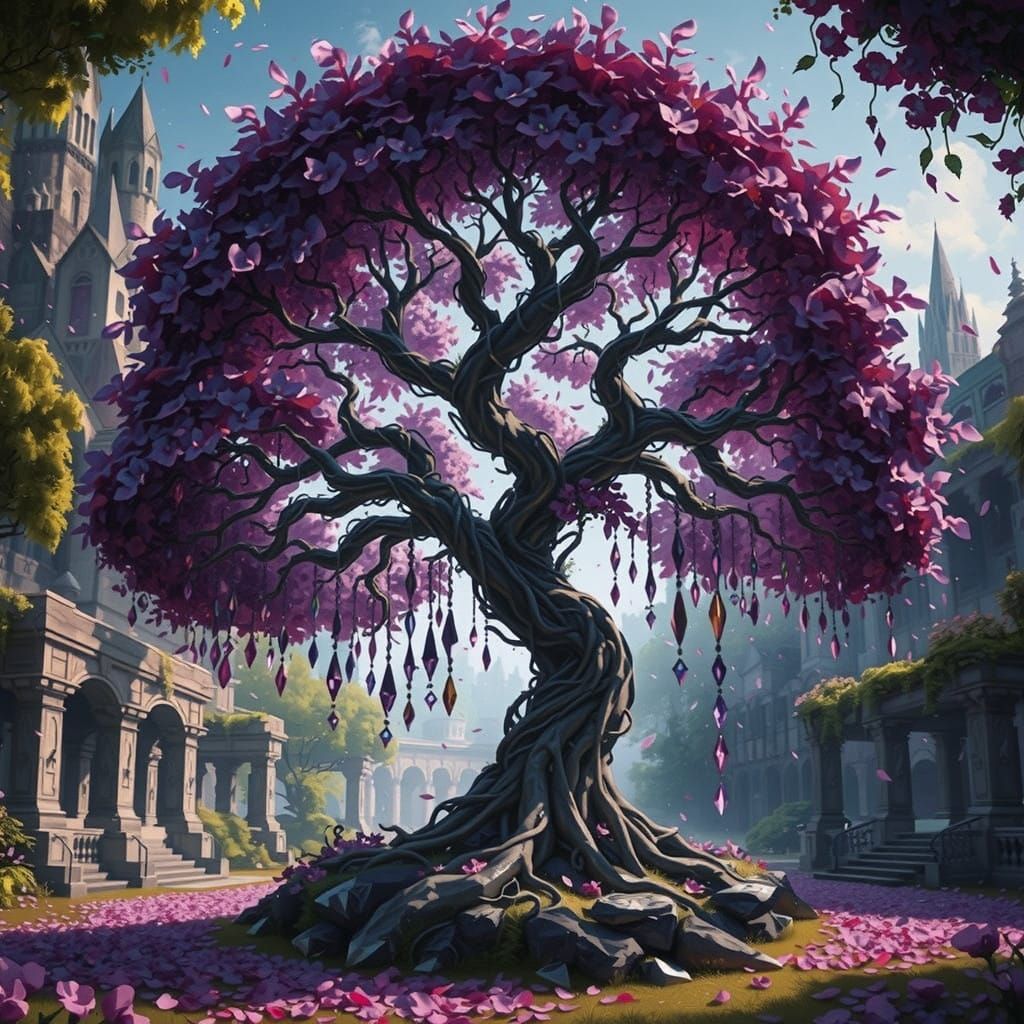 Majestic Crystal Tree with Vines and Flower Petals