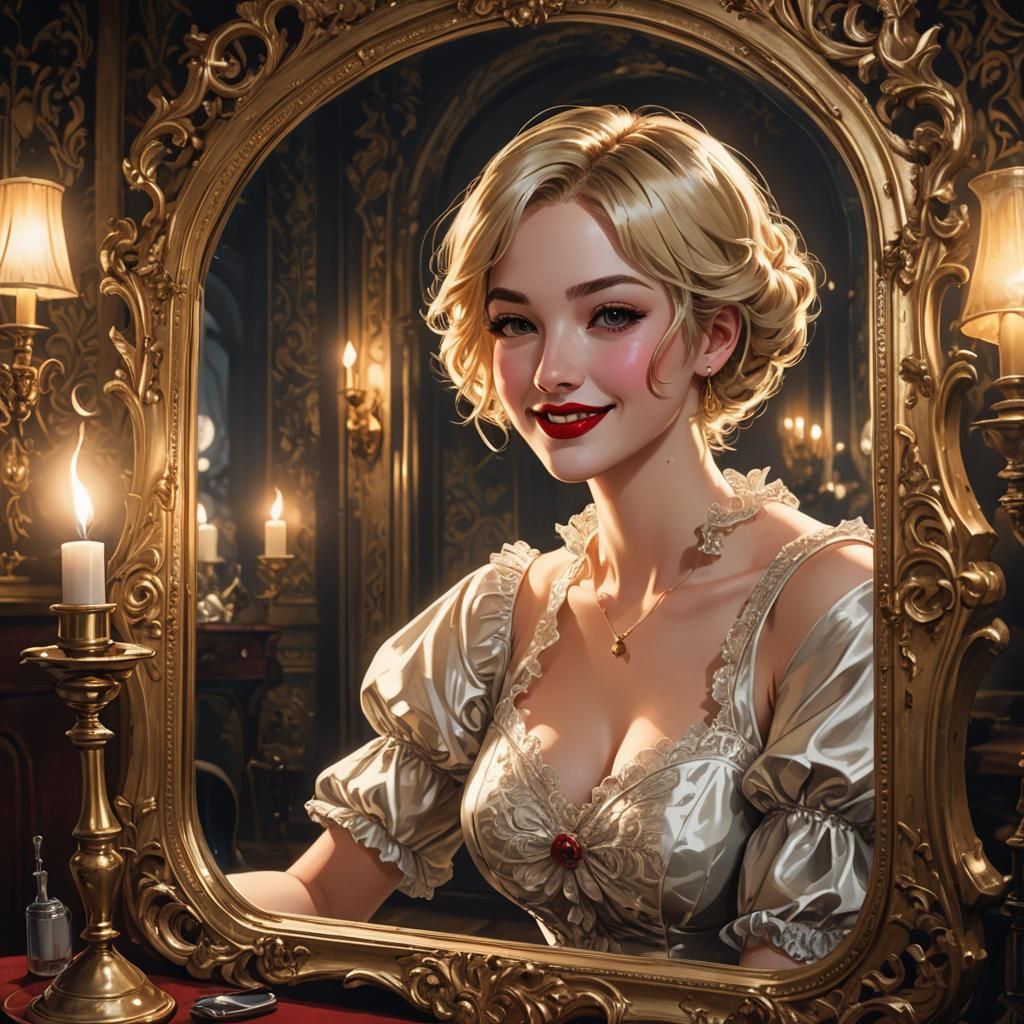 Woman and Cartoon Reflection in Anime Style