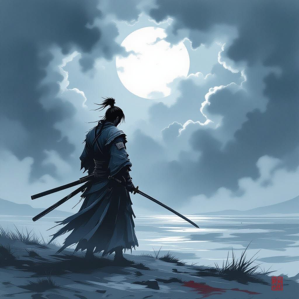 Lone Samurai Warrior in Stormy Sky, Ink Wash Style