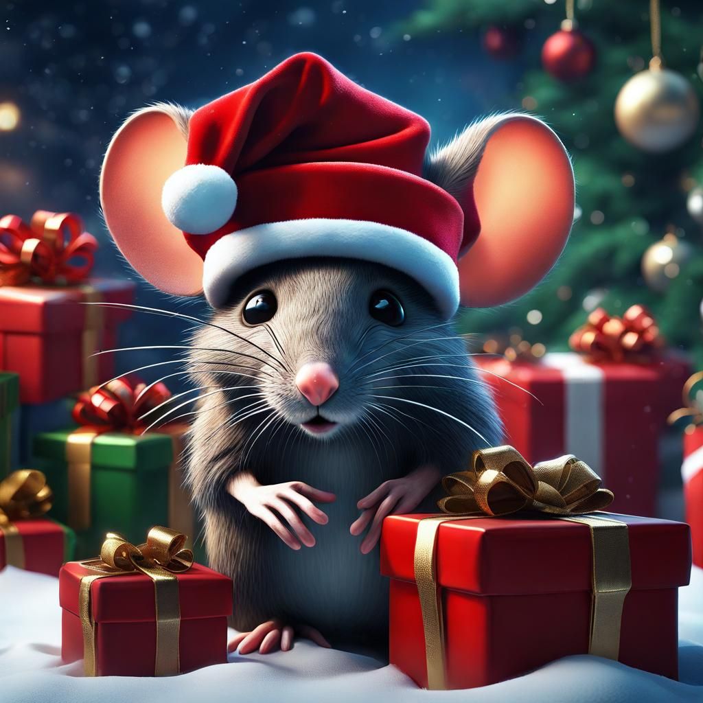 Festive Christmas Mouse, Santa's Helper in Detailed Painting