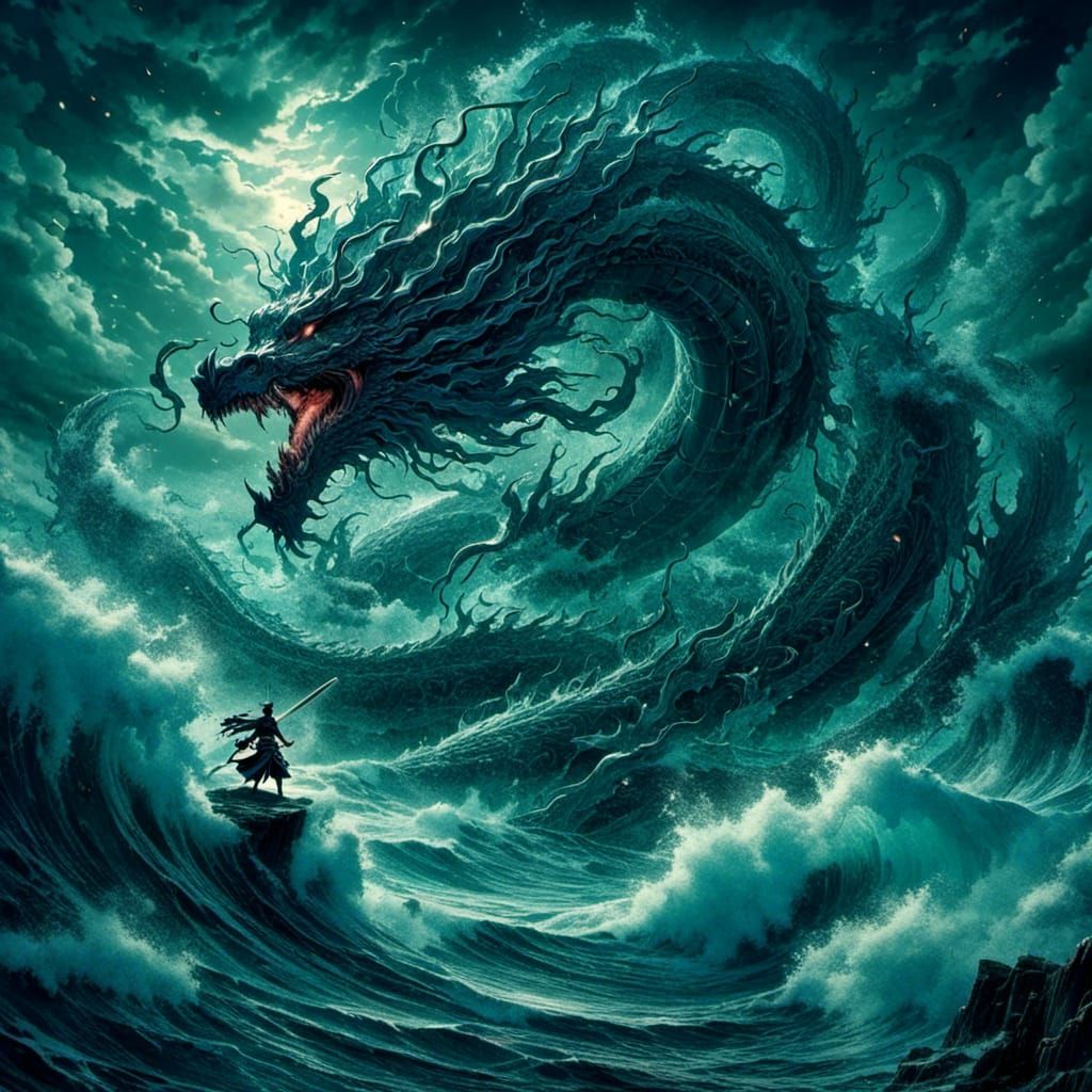 Susanoo-no-Mikoto Battles Sea Serpent in Anime Art