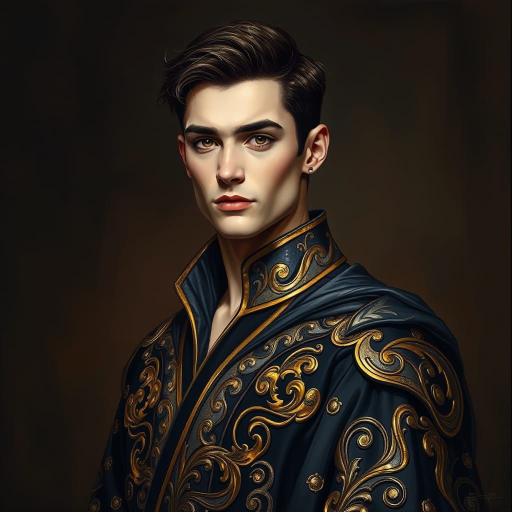 Fantasy Prince in Regal Metallic Robe, Dark Background