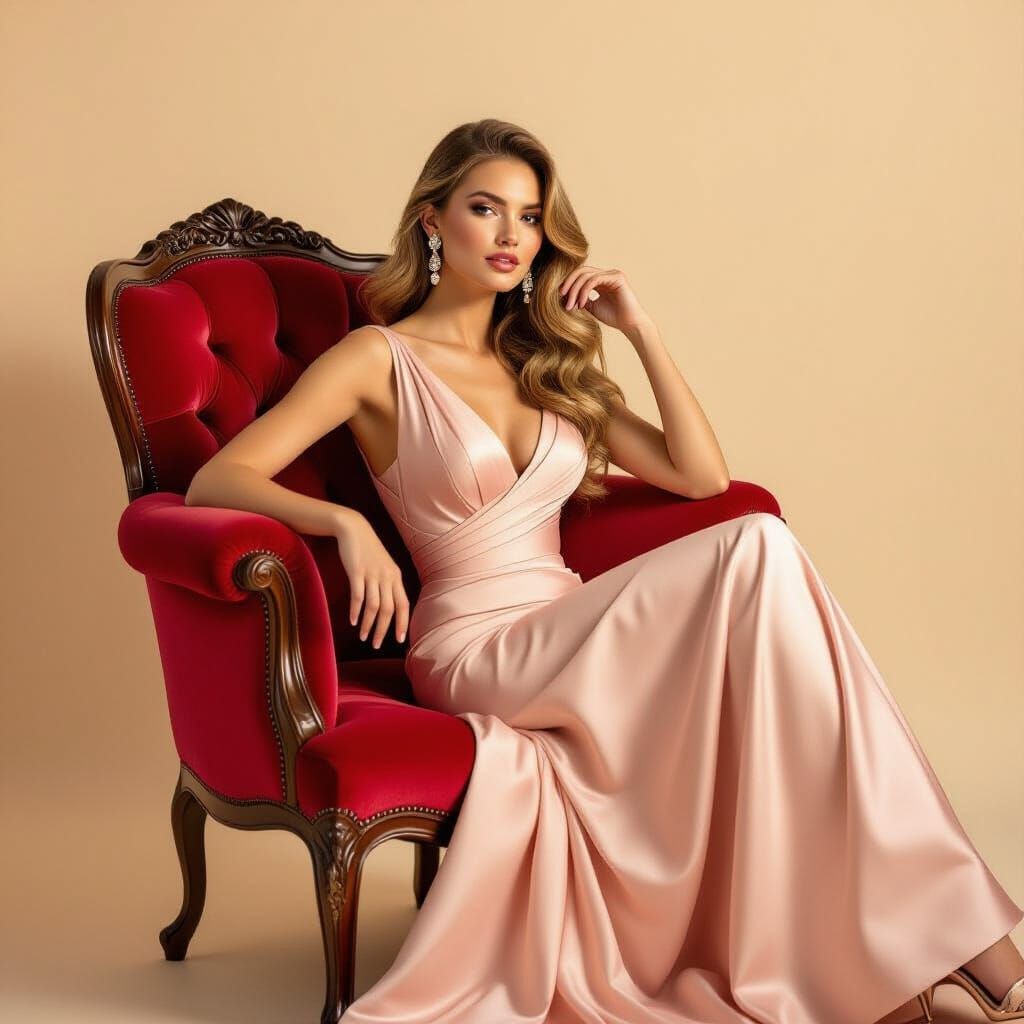 Glamorous Woman in Pink Gown on Red Velvet Chair
