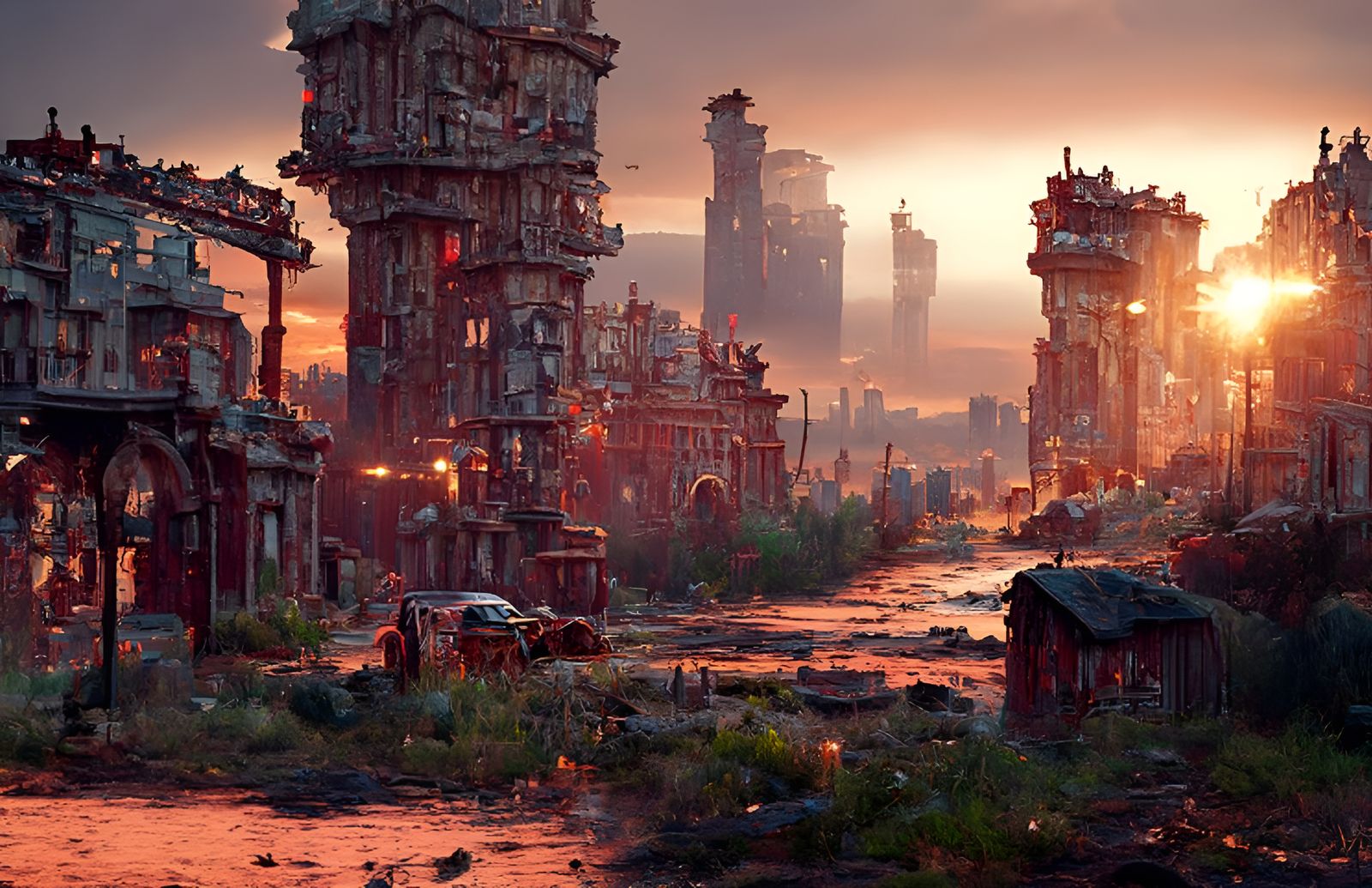 Post-Apocalyptic City Sunset: Hyperrealistic Digital Art