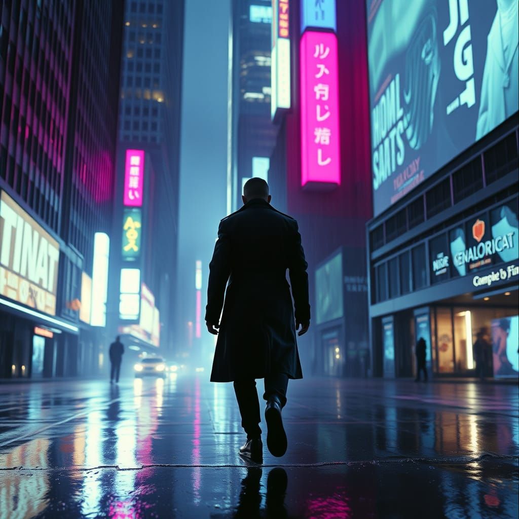 Lone Figure in Neon-Lit Futuristic City Street