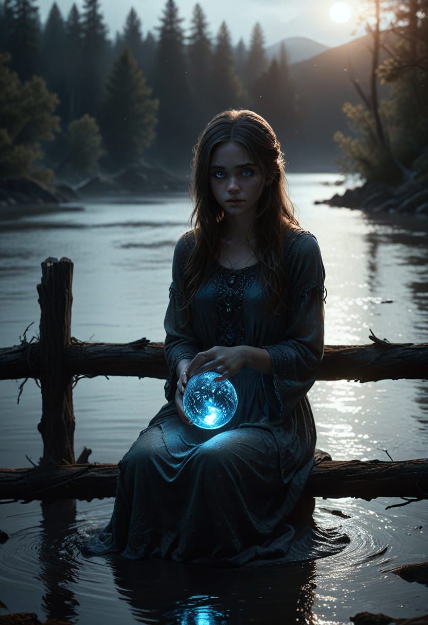 Girl Holding Glowing Orb in Dark Fantasy Concept Art