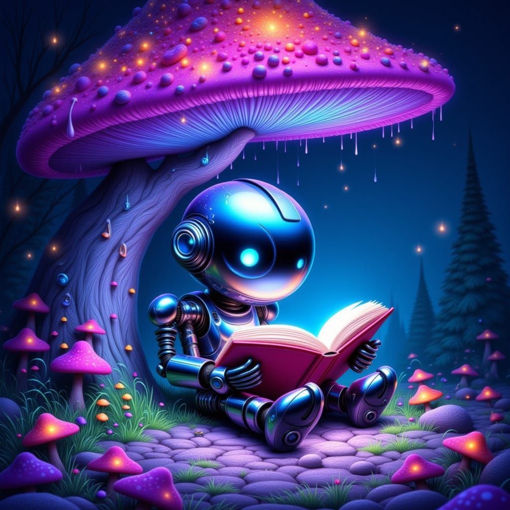 Robot Reading Under Glowing Mushroom Tree in Storybook Style
