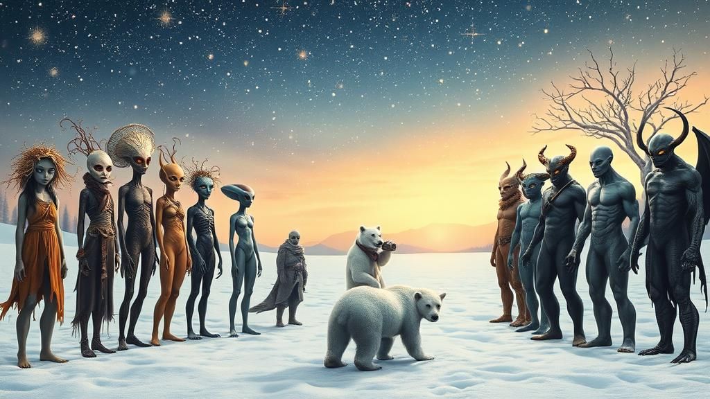 Mystical Winter Gathering of Diverse Figures