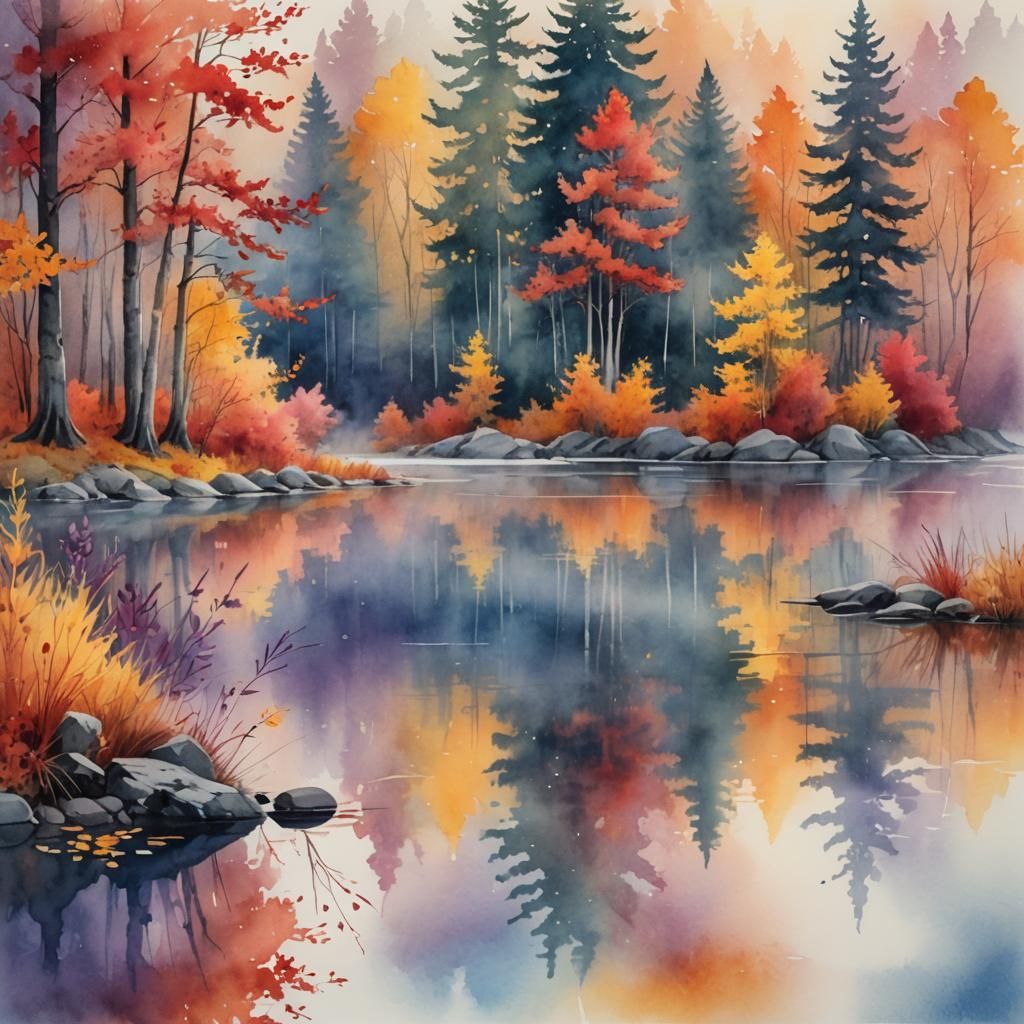 Autumn Trees Reflected in Lake, Watercolor Illustration
