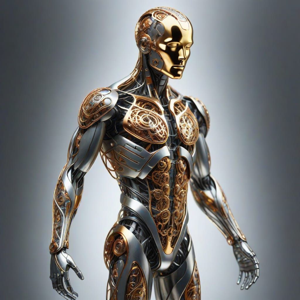 A surreal human figure composed of shimmering gold, silver, ...
