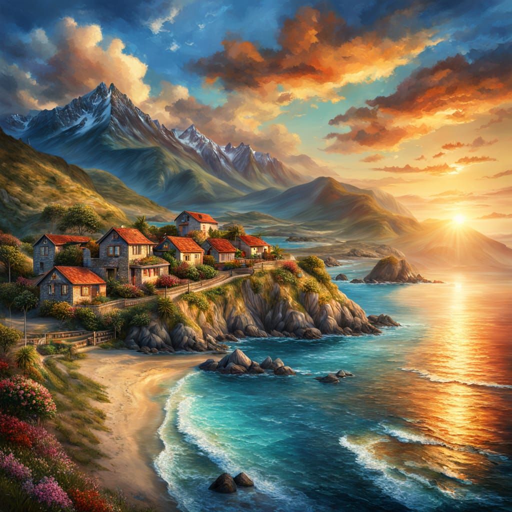 Romantic Ocean Village at Sunset: Renaissance Oil Painting