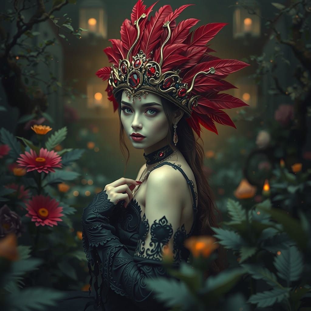 Regal Surrealist Goddess with Gilded Feather Headdress
