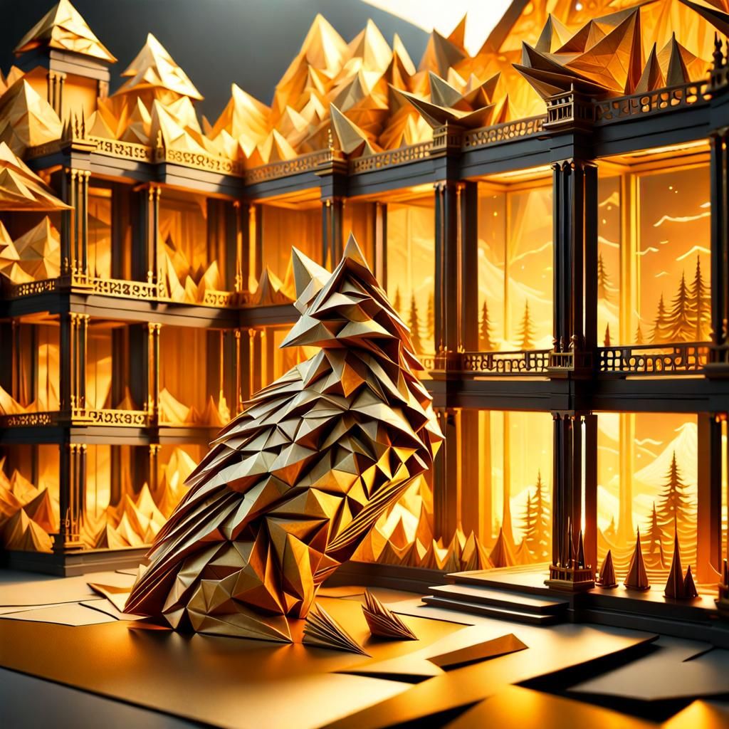Detailed Origami Papercraft in Golden Hour Lighting