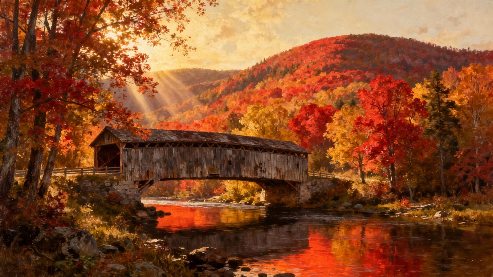 Vermont Autumn Landscape with Covered Bridge in Golden Light