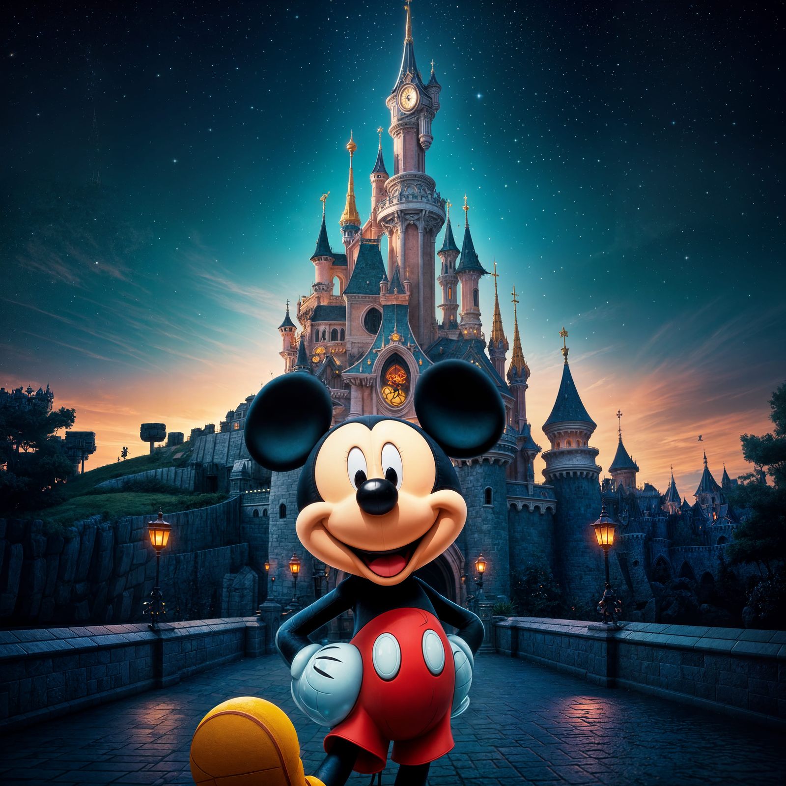Mickey Mouse and Disneyland Castle at Night