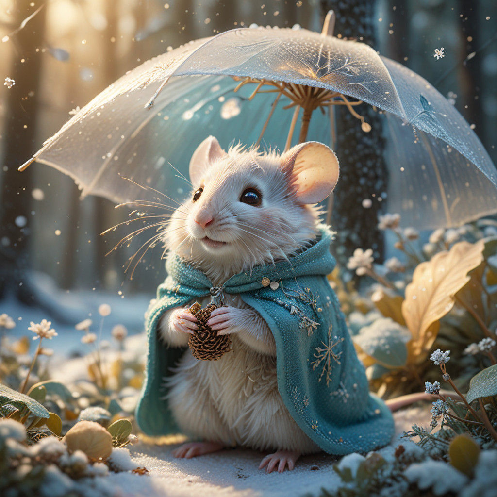 Whimsical Snowy Scene with a Fluffy Mouse Under an Umbrella