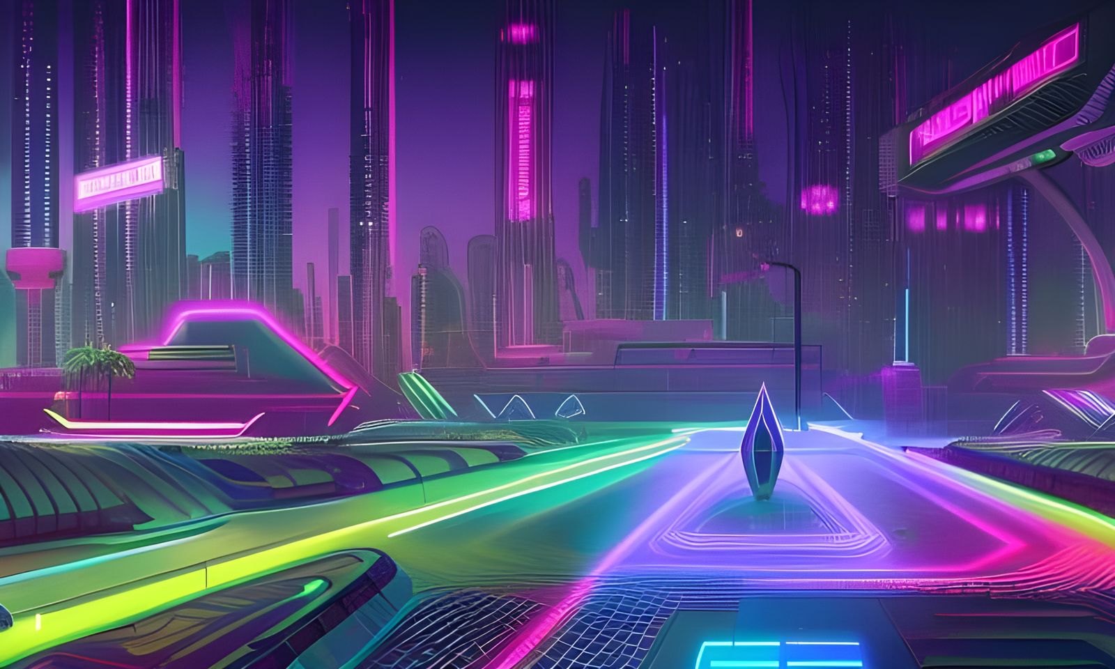 Cyberpunk Park at Night: Neon Futuristic Landscape
