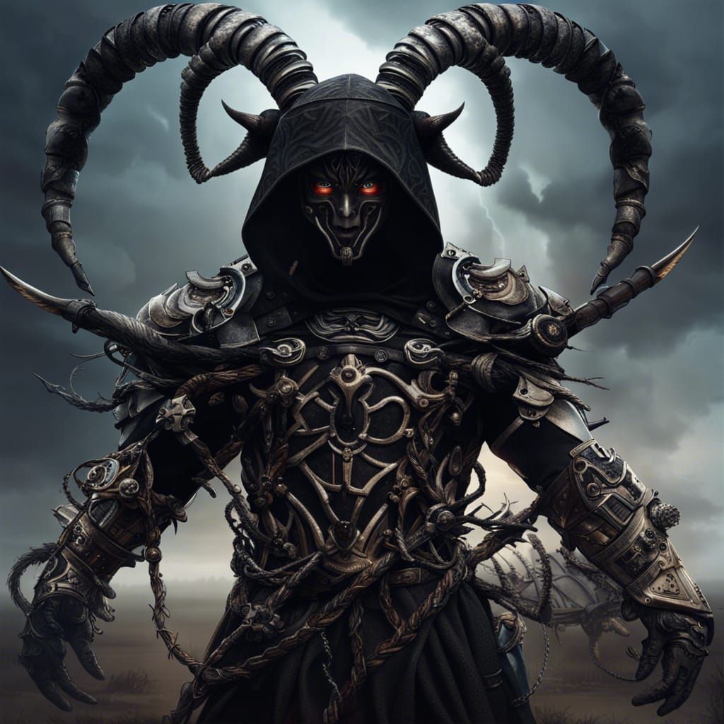 Hooded Gladiator with Robotic Limbs and Tornado