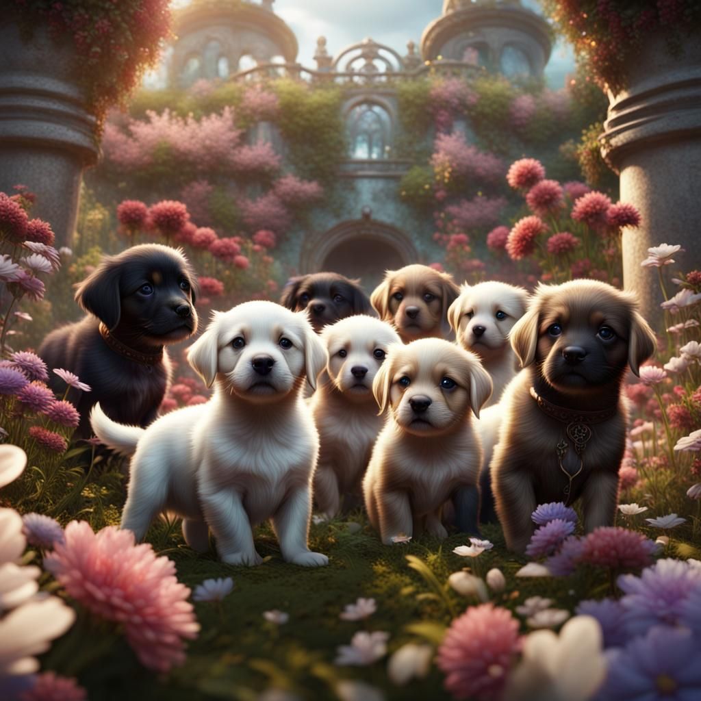 Puppies Play in a Secret Flower Garden