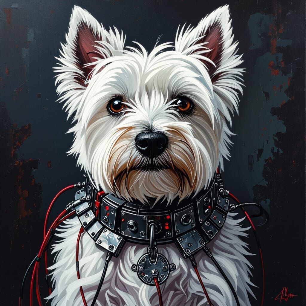 Cybernetic Westie in Dark Fantasy Digital Art