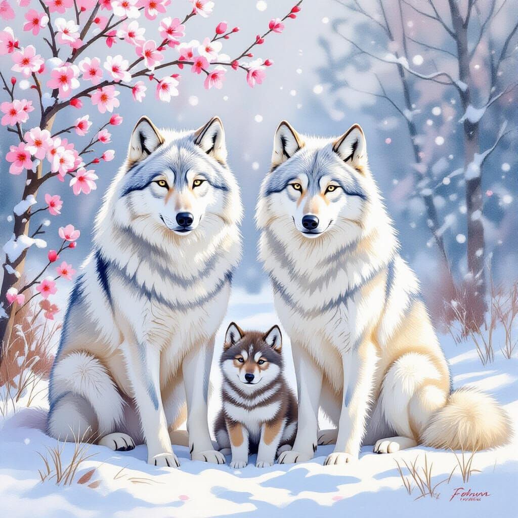 Wolves at Spring and Winter Divide, Watercolor Masterpiece