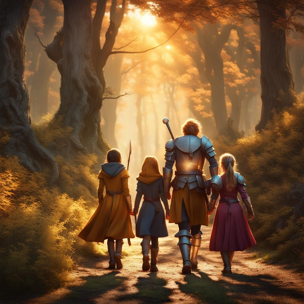 Fantasy Characters in Sunlit Forest: Cartoon Style