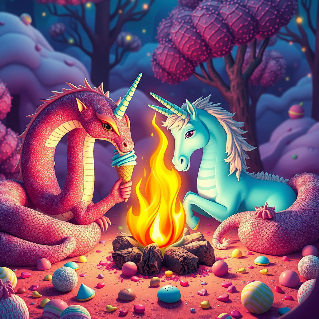 Vibrant Serpents and Unicorn Enjoy Ice Cream Around Cracking...