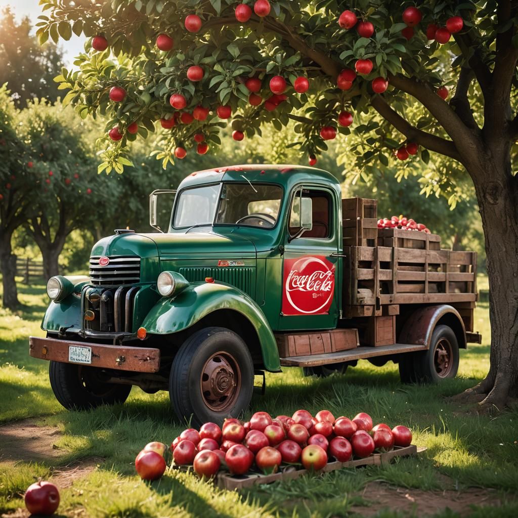 Vintage Coca-Cola Truck in a Lush Sunny Orchard