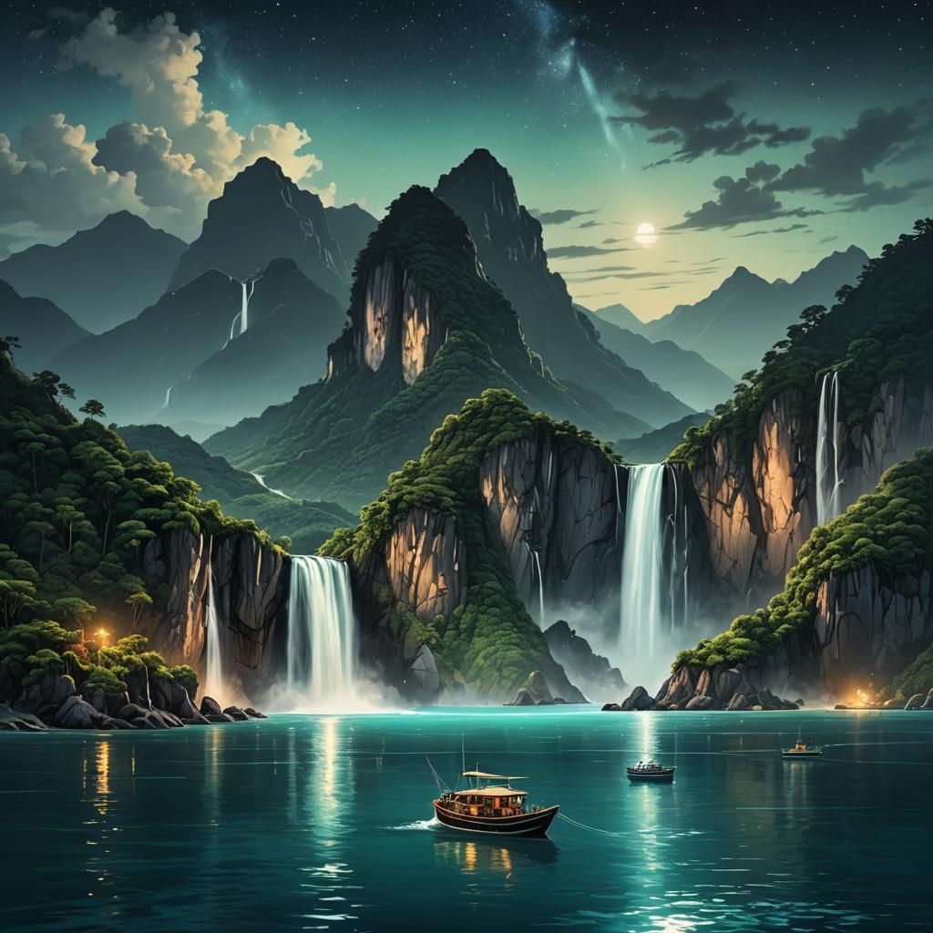 Nighttime Mountain Range with Waterfalls and Fishing Boat
