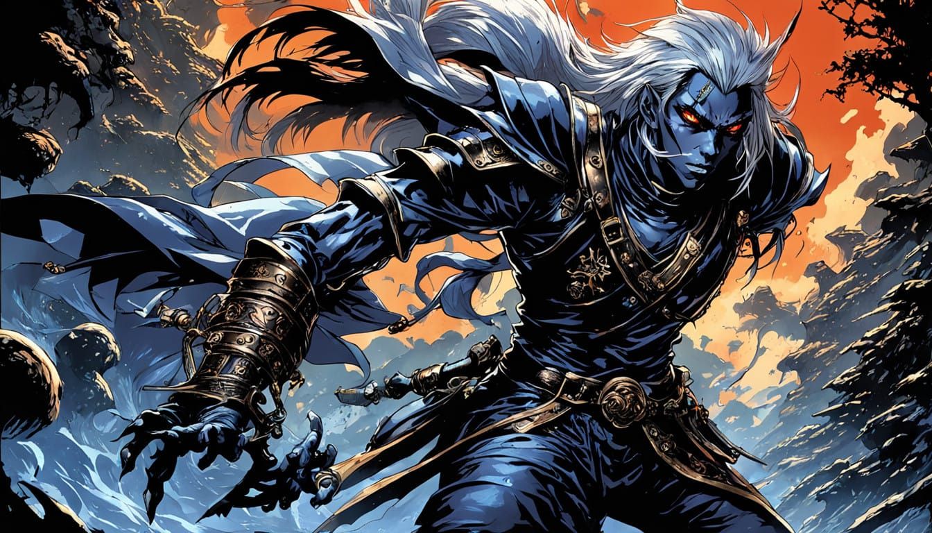 Dark Elf Rogue Amidst Pyroclastic Chaos in Digital Art