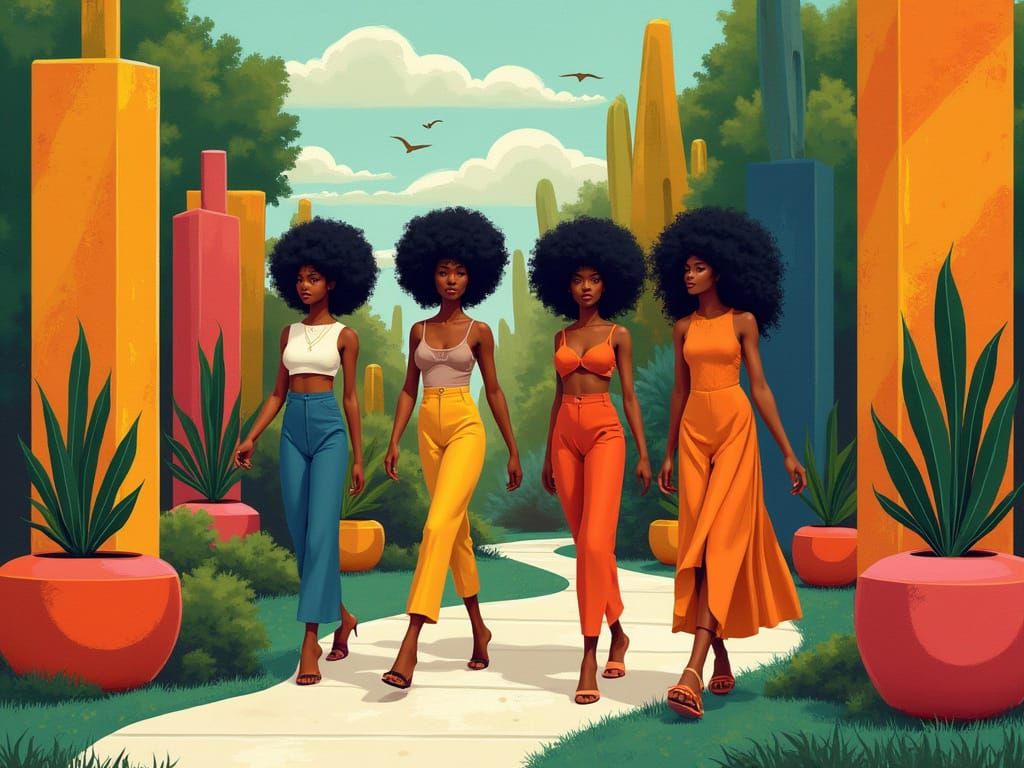 Three Women Stroll through a Vibrant Modernist Oasis