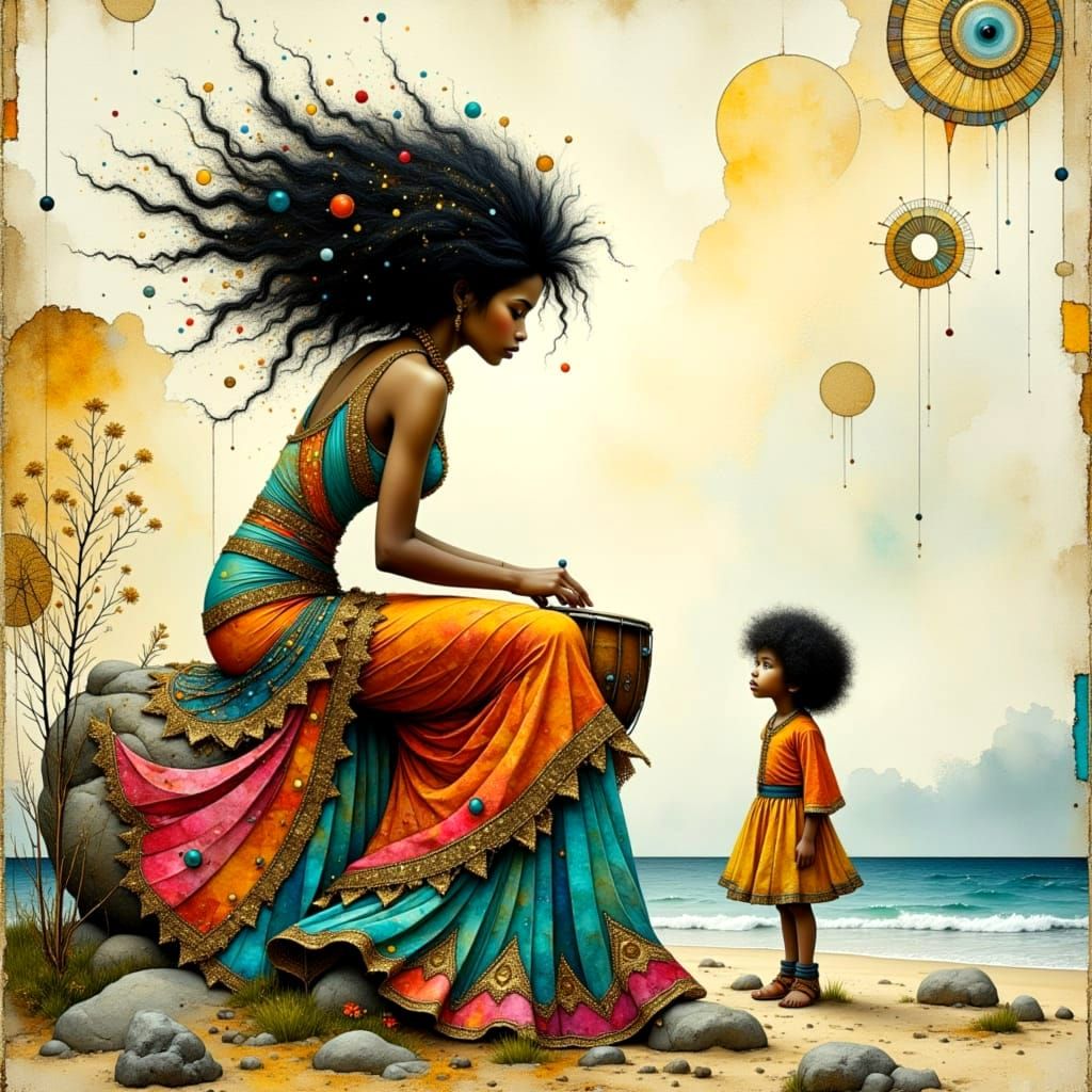 Stylish Woman Plays Bongos on Beach Boulder with Curly Haire...