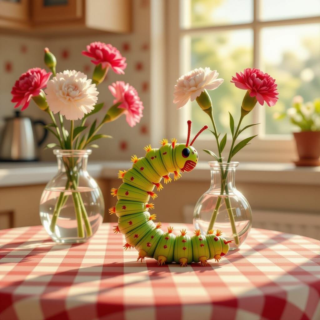Caterpillar Climbing Carnation in Hyperrealistic Kitchen Sce...