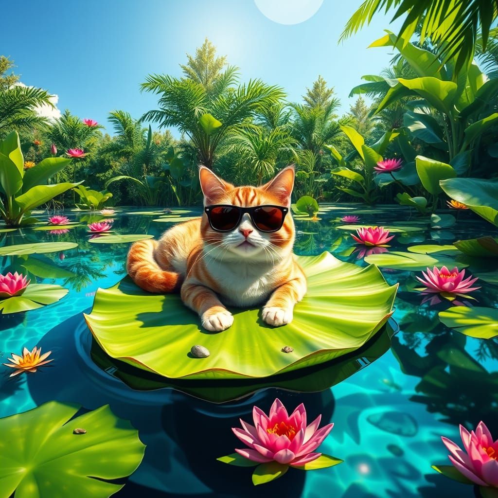 Mischievous Cat Sunbathing in Pond, Hockney-Rousseau Style