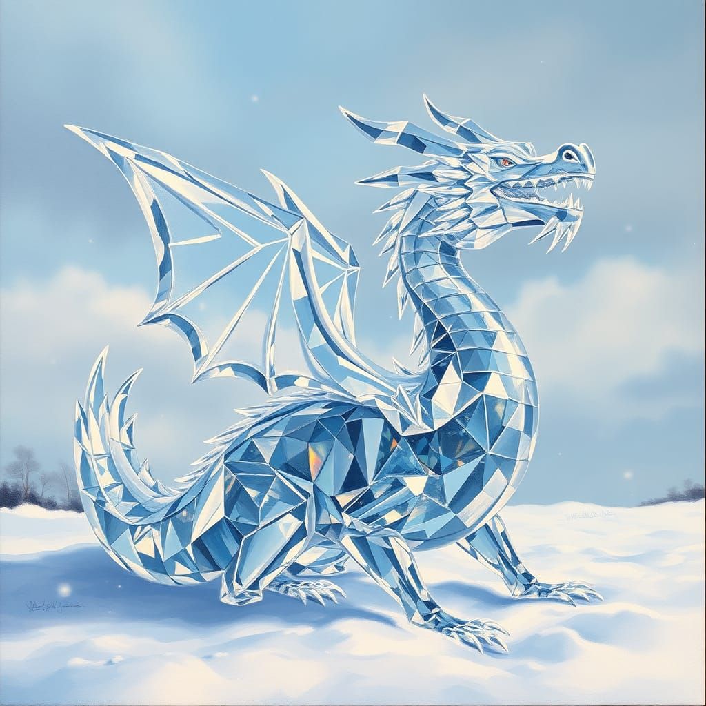 Crystal Dragon in Winter Snow, Oil Painting