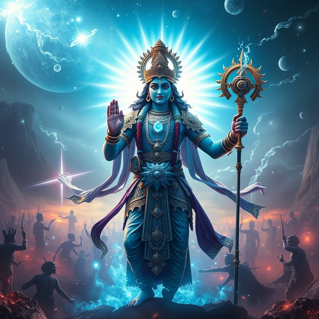 Lord Krishna on Galactic Battlefield in a Sci-Fi Style