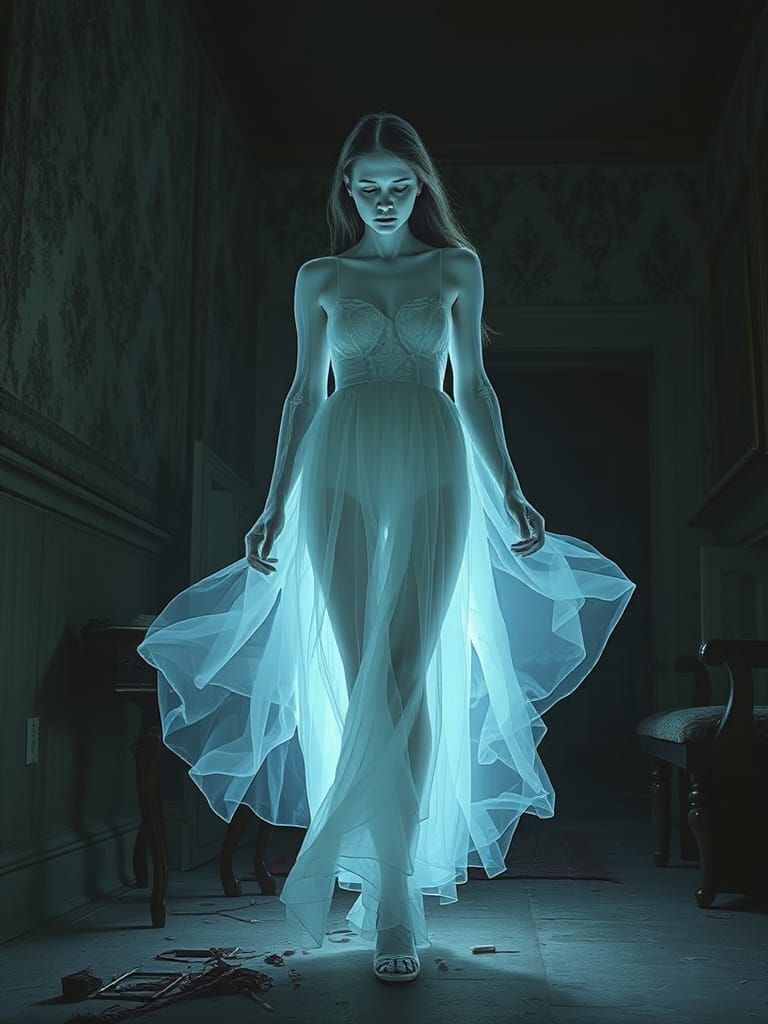 Fluorescent Ghostly Woman in Deserted House