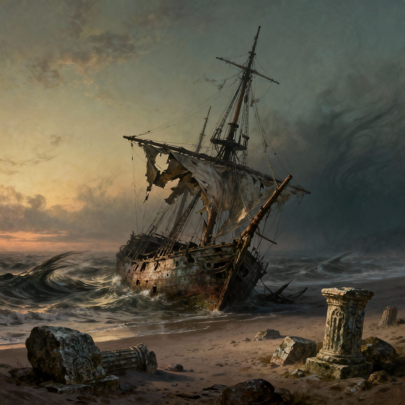 Abandoned Ship on Desolate Beach at Twilight