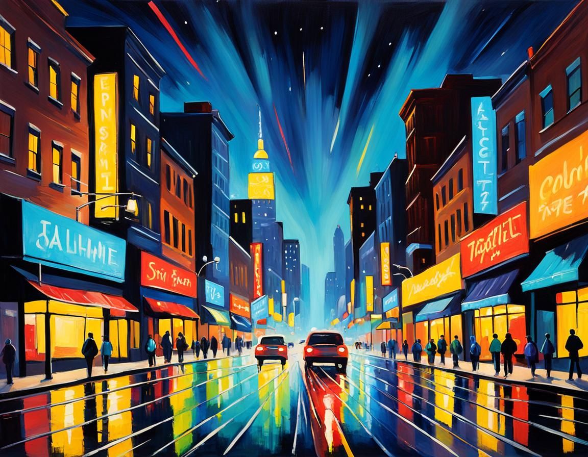Tachisme City Lights at Night with Brushwork