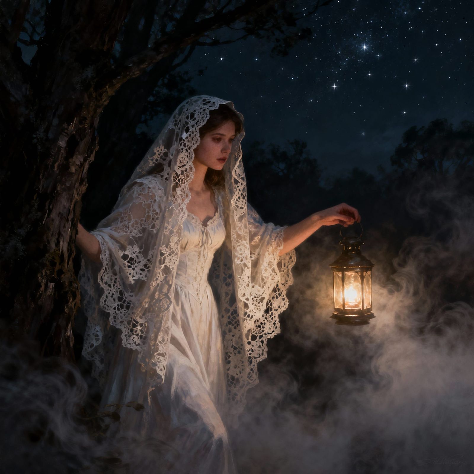 Ethereal Woman in Foggy Forest with Lantern