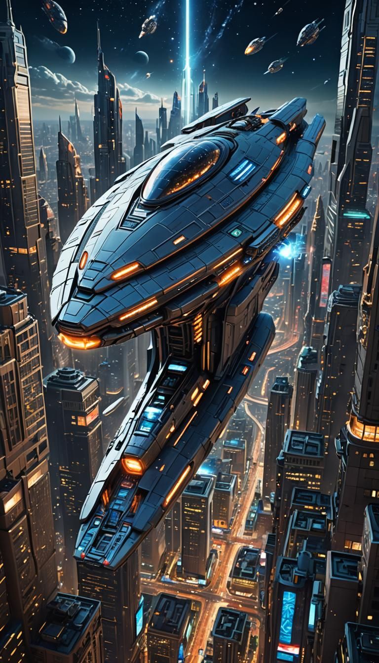 Majestic Spaceship Soars Above Futuristic Cityscape in Cyber...
